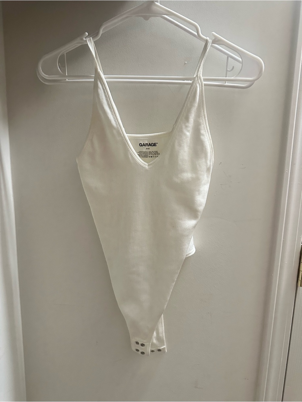 Garage White Ribbed V-Neck Snap Bodysuit